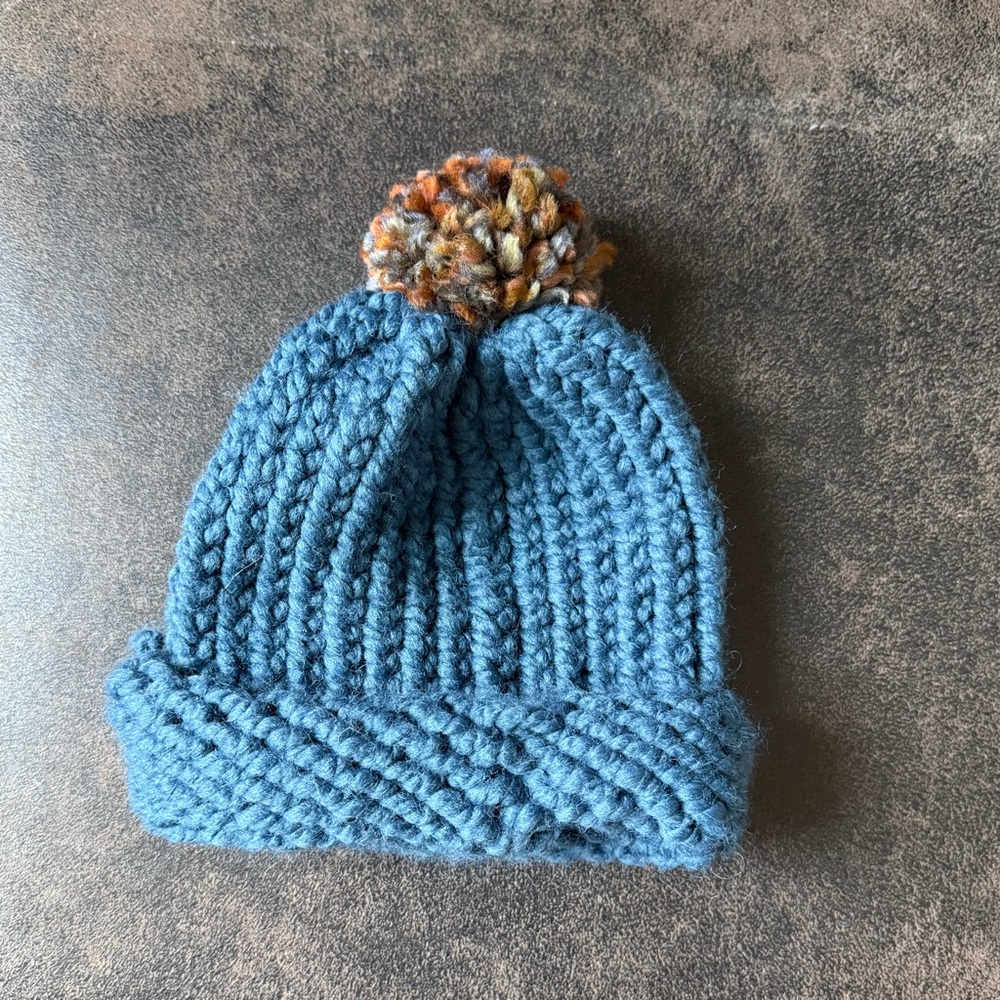 Cozy Blue Knit Kids Beanie with Multicolor Pom